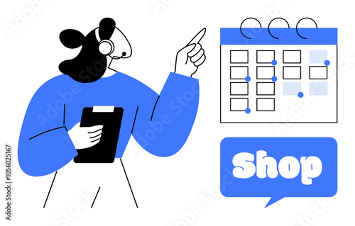 Female customer service representative wearing a headset holds a clipboard and points at a calendar. The speech bubble says Shop. Ideal for customer support, online shopping, scheduling, time