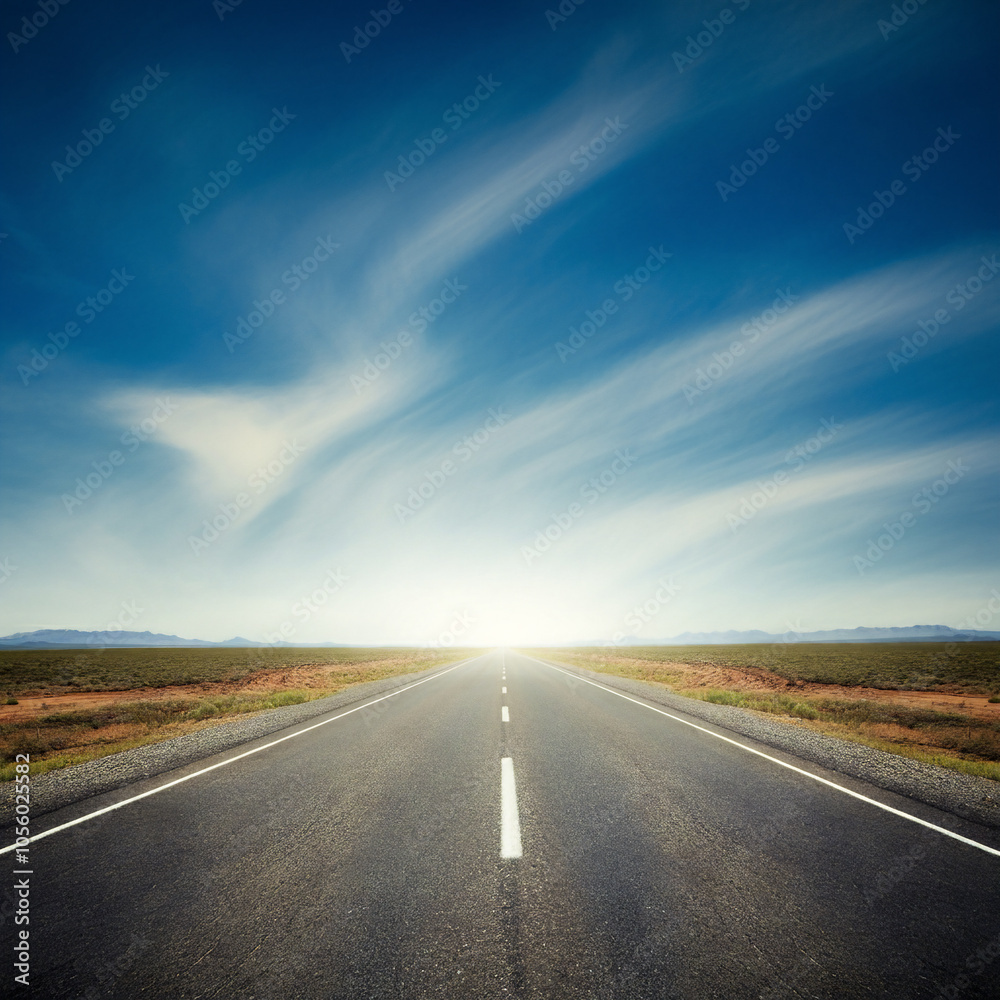 Fototapeta premium a straight road stretching into the horizon across a deserted land cloudy weather