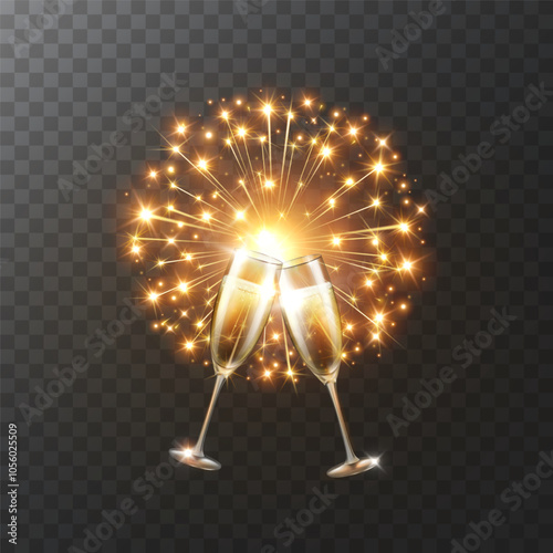 Fireworks light effect and champagne or white wine glasses isolated on transparent background. Vector golden New Year salute sparkle with golden fizzy drink wineglasses