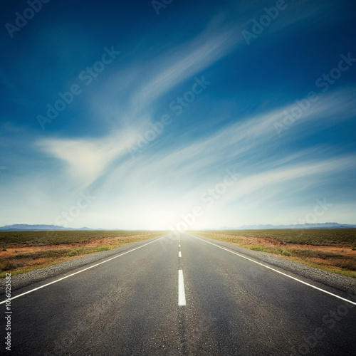 a straight road stretching into the horizon across a deserted land cloudy weather