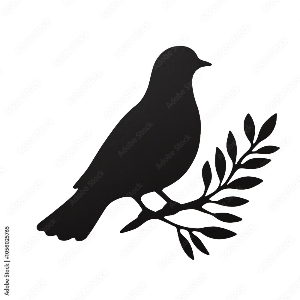 Fototapeta premium Simple silhouette of a dove holding an olive branch with delicate feathers and a peaceful expression isolated on a transparent background 