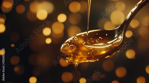 Golden honey pouring from a spoon against a bokeh background.