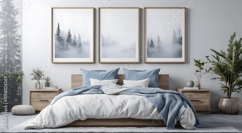 Modern farmhouse bedroom interior design. and three poster frames above the bed, each wooden frame featuring an abstract design of nature. Two Bedside Cabinet Ideas Against White Walls.