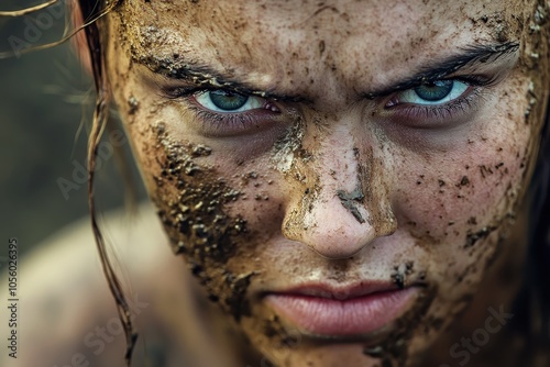 Close-up of determined female athlete with mud on face and intense expression photo