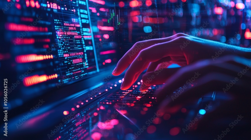 © Juan - Hands typing on a keyboard with glowing red and blue code on the screen © Juan - Hands typing on a keyboard with glowing red and blue code on the screen