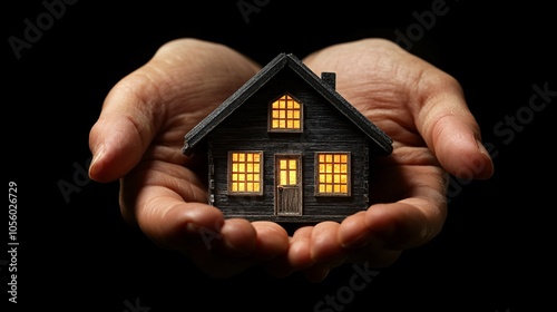 A pair of hands cradles a small house with glowing windows, symbolizing warmth, safety, and the notion of home.