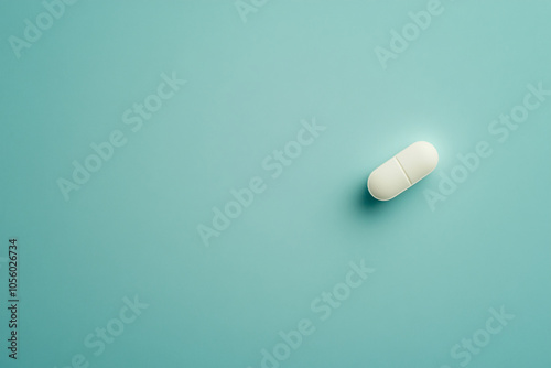 Single white capsule on turquoise background. Minimalist healthcare concept with place for text.