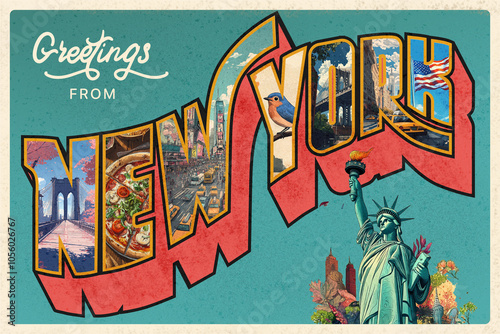 Vintage post card with hand drawn elements - New York
