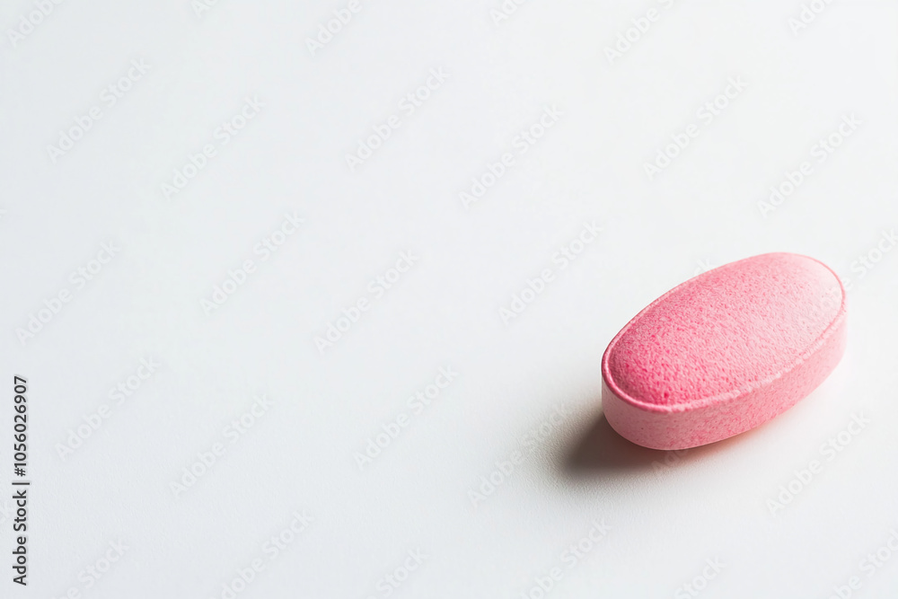 Pink oval tablet on white background. Minimal healthcare concept with place for text. Pink oval tablet on white background. Minimal healthcare concept with place for text.