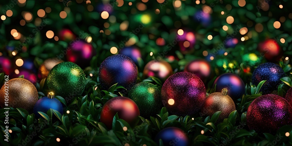 Close-up of colorful Christmas balls arranged on lush green foliage, creating an abstract festive texture and background Close-up of colorful Christmas balls arranged on lush green foliage, creating an abstract festive texture and background