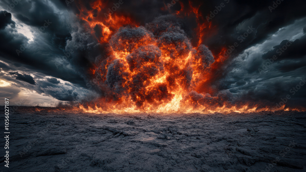 Mushroom cloud explosion with fiery blast in dark landscape. Dramatic depiction of powerful destructive force and natural disaster concept.
