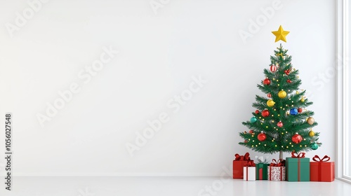 Holiday-themed winter banner featuring a Christmas tree adorned with twinkling lights and ornaments, with wrapped presents below.