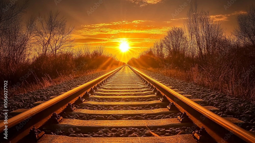 Fototapeta premium Railroad Tracks Leading to Sunset with Golden Sky and Sunbeams