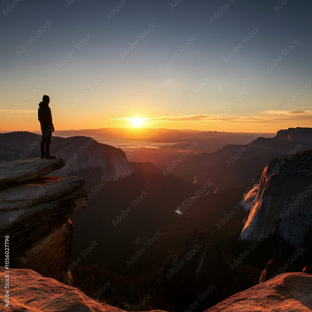 Obraz premium silhoutte of a man standing on the edge of a cliff mountains in sunset sun shines in the horizon