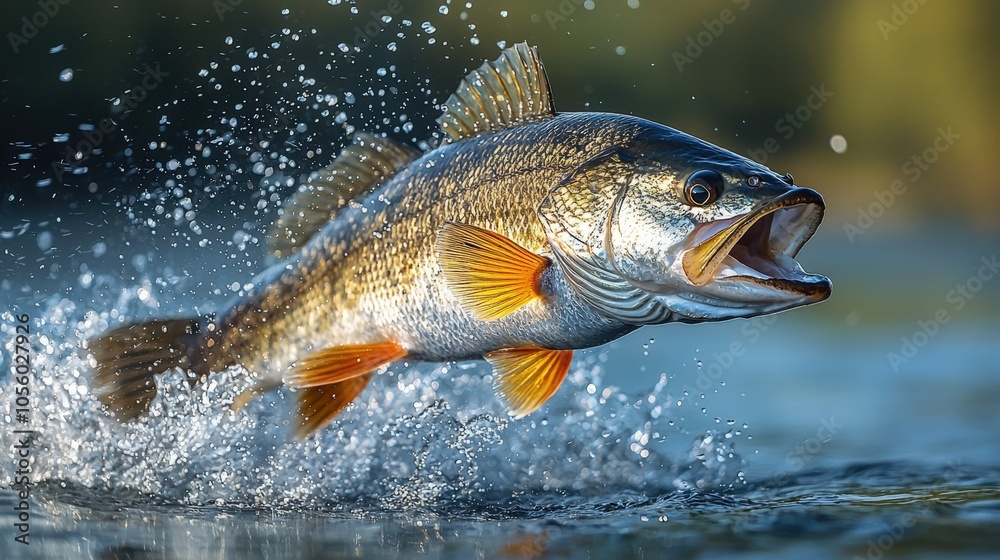 Largemouth bass jumps out of clear water during a sunny day at the lake Largemouth bass jumps out of clear water during a sunny day at the lake