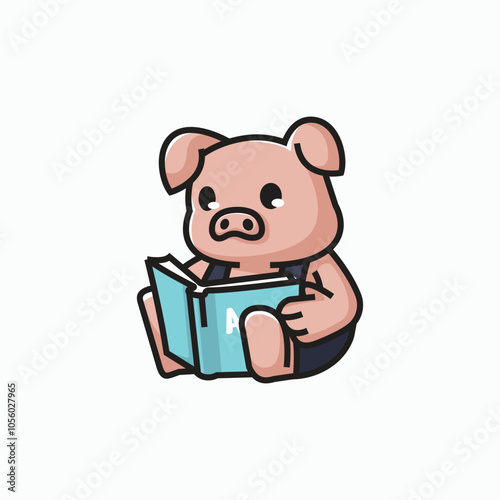 Cute  Pig Reading Book Vector Icon Illustration Animal Nature Flat Cartoon Style