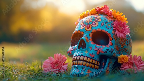 A colorful skull adorned with flowers lies on the ground, bathed in warm sunlight, symbolizing the Day of the Dead celebration.