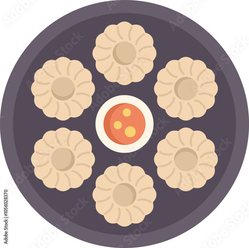 Round plate featuring six dumplings arranged in a circle around a small bowl of dipping sauce, representing asian cuisine