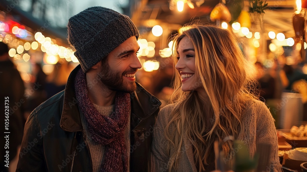 Stylish couple enjoying street food at a bustling urban market, surrounded by colorful food stalls and lively crowds Stylish couple enjoying street food at a bustling urban market, surrounded by colorful food stalls and lively crowds