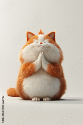 3D render of a meditating red and white fattish cat with paws folded in namaste. This fluffy, calm character brings humor and spirituality to any concept, embodying peace and mindfulness.