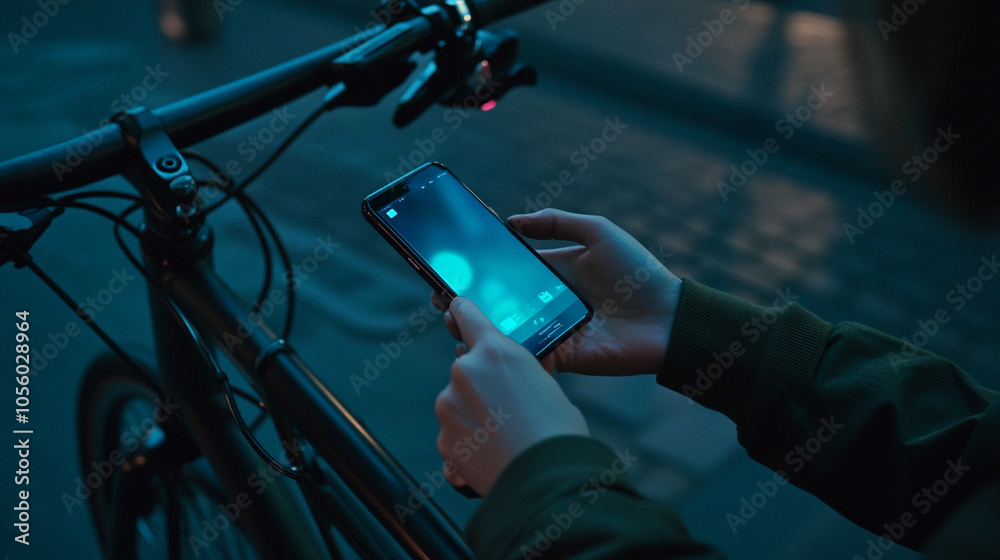 Fototapeta premium Person Using Smartphone While Riding Bicycle at Dusk