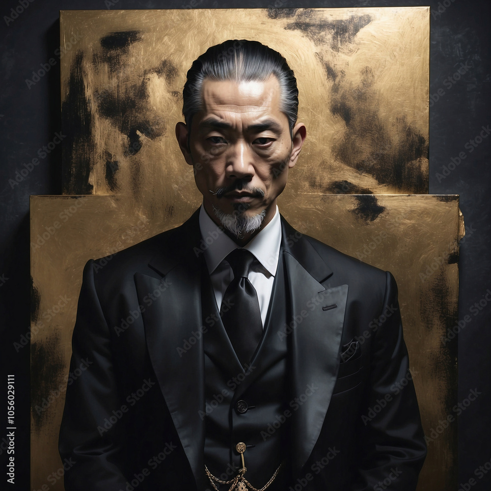 Fototapeta premium Sophisticated Portrait of Asian Man in Black Suit with Gold Accents