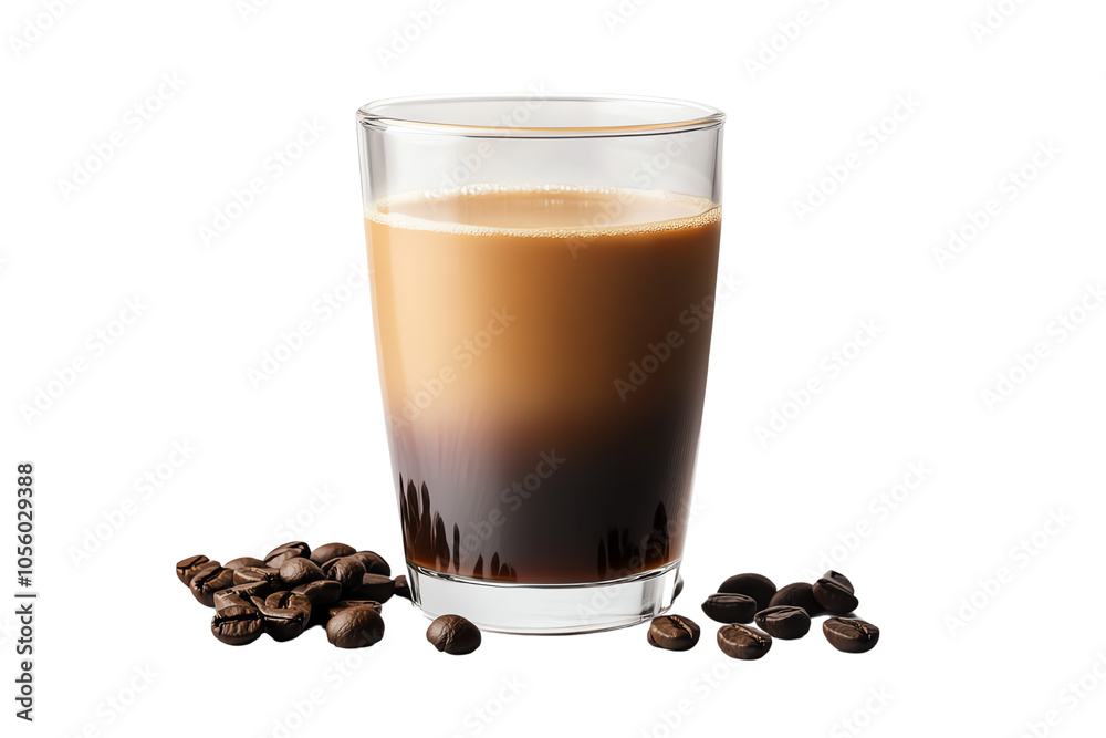 Coffee drink in a glass with beans on a white isolate background. Coffee drink in a glass with beans on a white isolate background.