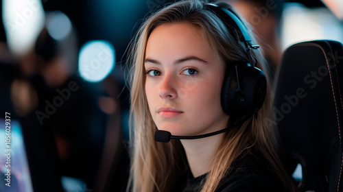 Female Gamer with Gaming Gear and Screen Setup in eSports