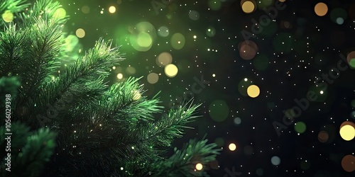 Festive Christmas background featuring lush green pine branches, creative composition with ample copy space, adorned with bokeh lights from decorative bulbs