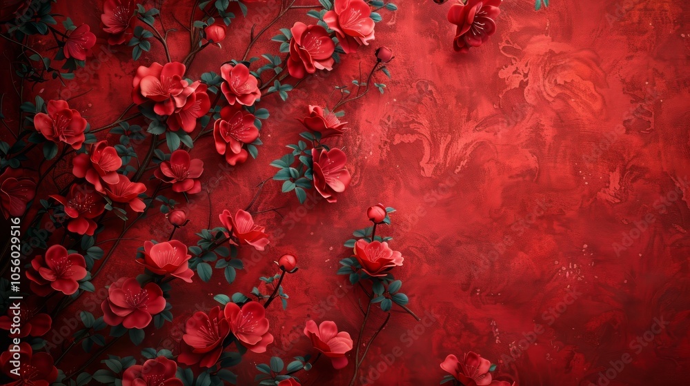 Red flowers with green leaves on a red background with space for copy. Red flowers with green leaves on a red background with space for copy.
