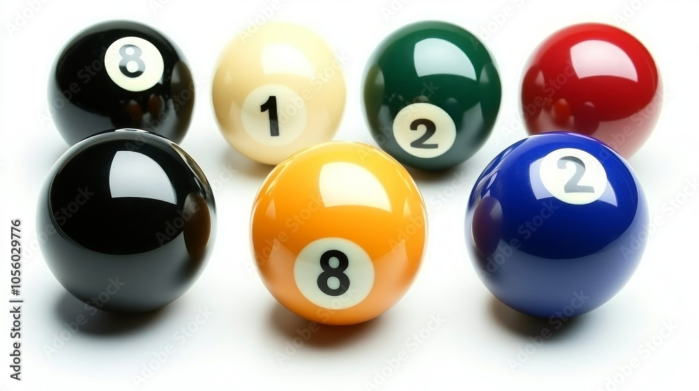 Seven billiard balls, black, white, yellow, blue, green, red, with numbers one, two, and eight, on a white background. Seven billiard balls, black, white, yellow, blue, green, red, with numbers one, two, and eight, on a white background.