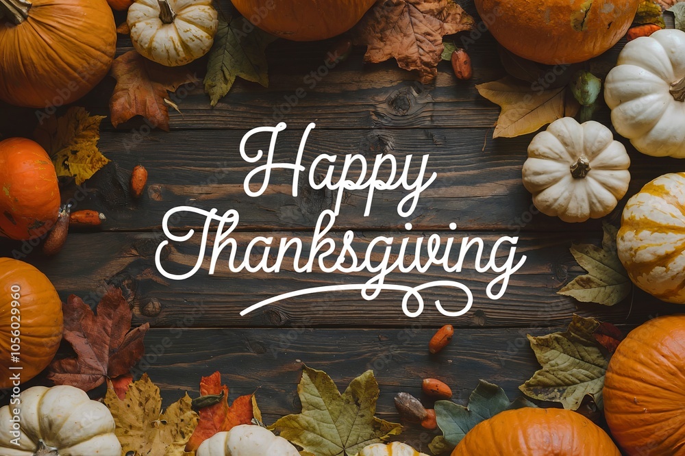 Fototapeta premium Pumpkins, fall leaves, and Happy Thanksgiving on a wooden background.