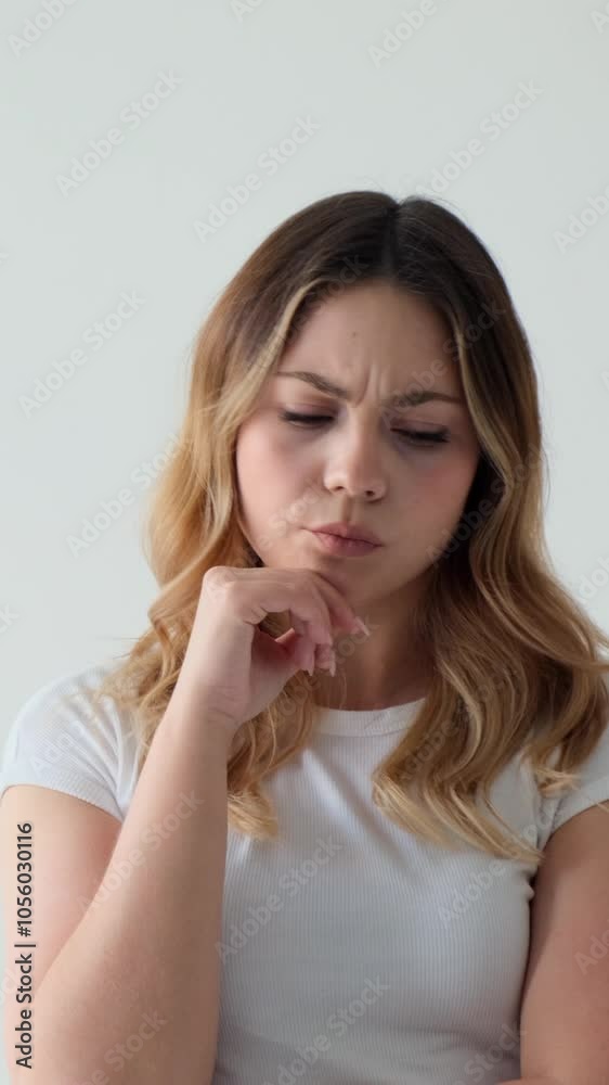 Pensive woman brainstorming and having brilliant idea, standing on white background. Concept of a inspiration and eureka. Vertical video. Pensive woman brainstorming and having brilliant idea, standing on white background. Concept of a inspiration and eureka. Vertical video.