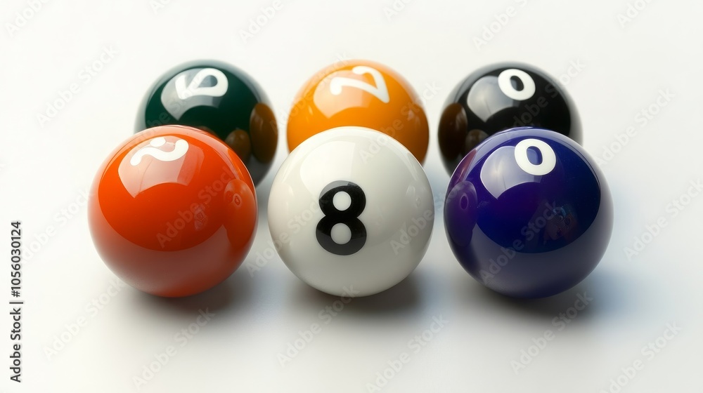 Six billiard balls, including the eight ball, arranged in a semi-circle on a white surface. Six billiard balls, including the eight ball, arranged in a semi-circle on a white surface.