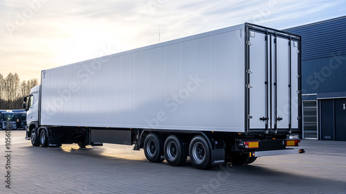 White Semi Truck Trailer with Rear Doors Open in Parking Lot photo