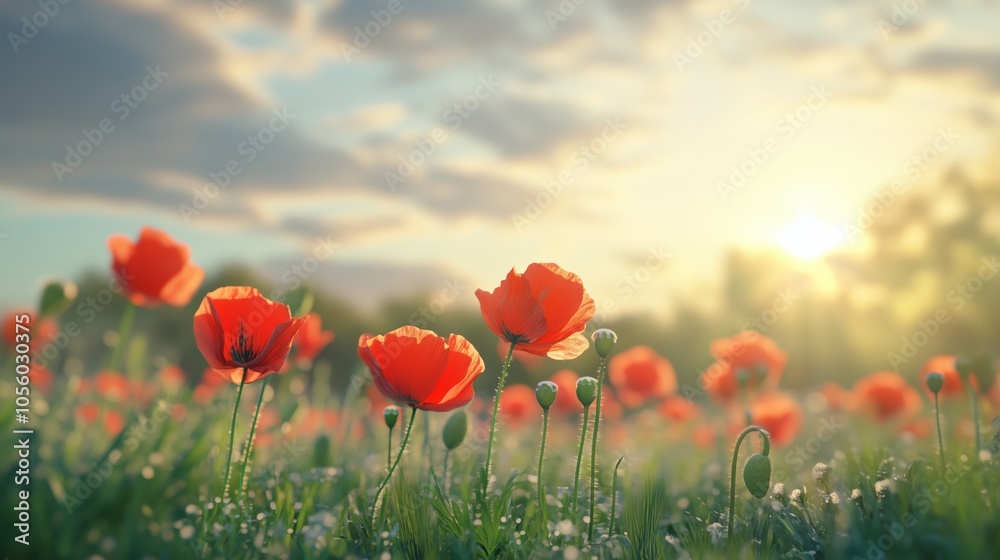 Fototapeta premium Experience the tranquil beauty of a picturesque meadow where poppies flourish among green grass. This serene landscape invites you to enjoy the peaceful countryside in summer.