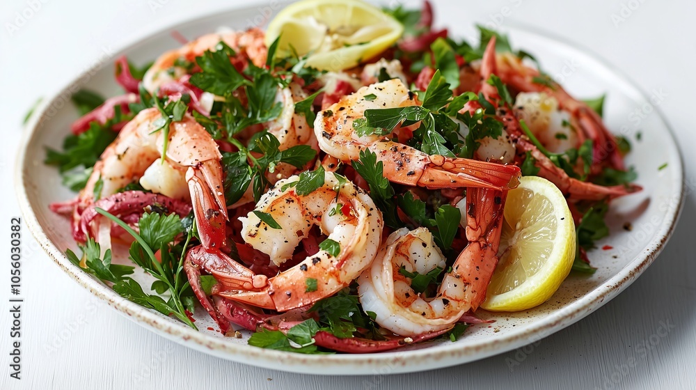 Grilled shrimp salad with fresh herbs and lemon wedge. Grilled shrimp salad with fresh herbs and lemon wedge.