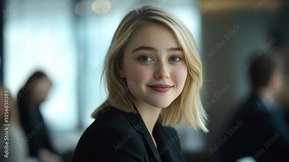 Naklejka premium Young Woman Smiling Portrait with Blonde Hair in Office Setting