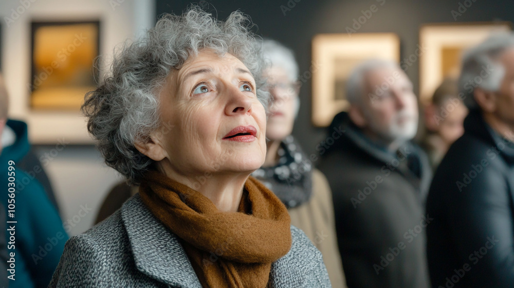 Senior Woman Admiring Artwork in Art Gallery Culture Exhibition Fine Art Museum Senior Woman Admiring Artwork in Art Gallery Culture Exhibition Fine Art Museum