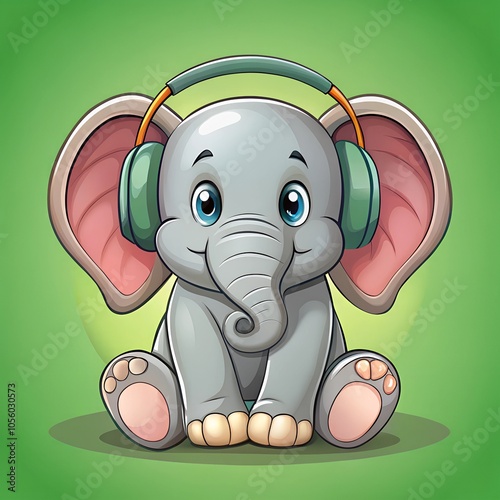Adorable Cartoon Elephant with Green Headphones
