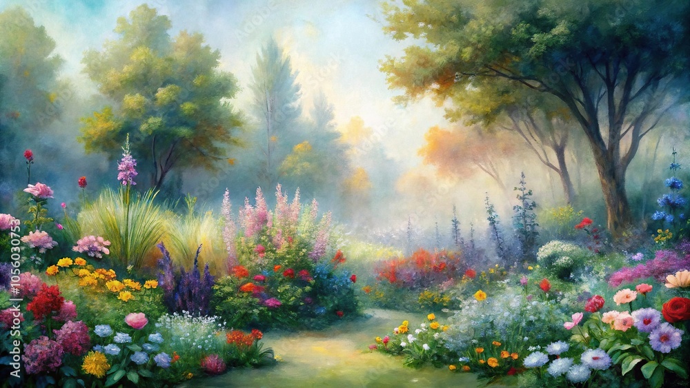 Obraz premium Soft watercolor painting of a blooming garden on a misty morning, serene atmosphere, foliage