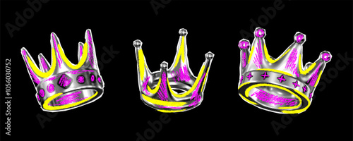 A set of cut-out crowns with a color halftone effect for creating retro collage style posters.