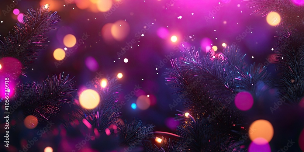 Festive Christmas background featuring lush fir tree branches adorned with bokeh blurred fairy lights, perfect for holiday greetings and seasonal designs Festive Christmas background featuring lush fir tree branches adorned with bokeh blurred fairy lights, perfect for holiday greetings and seasonal designs
