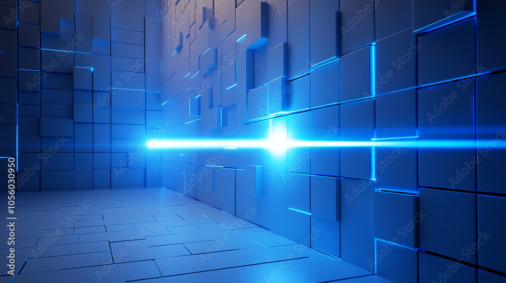 Obraz premium Illuminated Blue Lines Cutting Through a Modern Geometric Space at Twilight