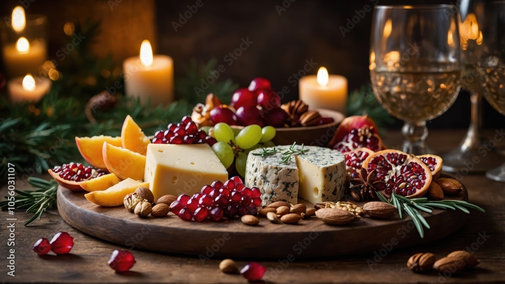 A rustic table set with hard cheese, fresh grapes, and glowing candles, creating a cozy and inviting ambiance perfect for a winter gathering