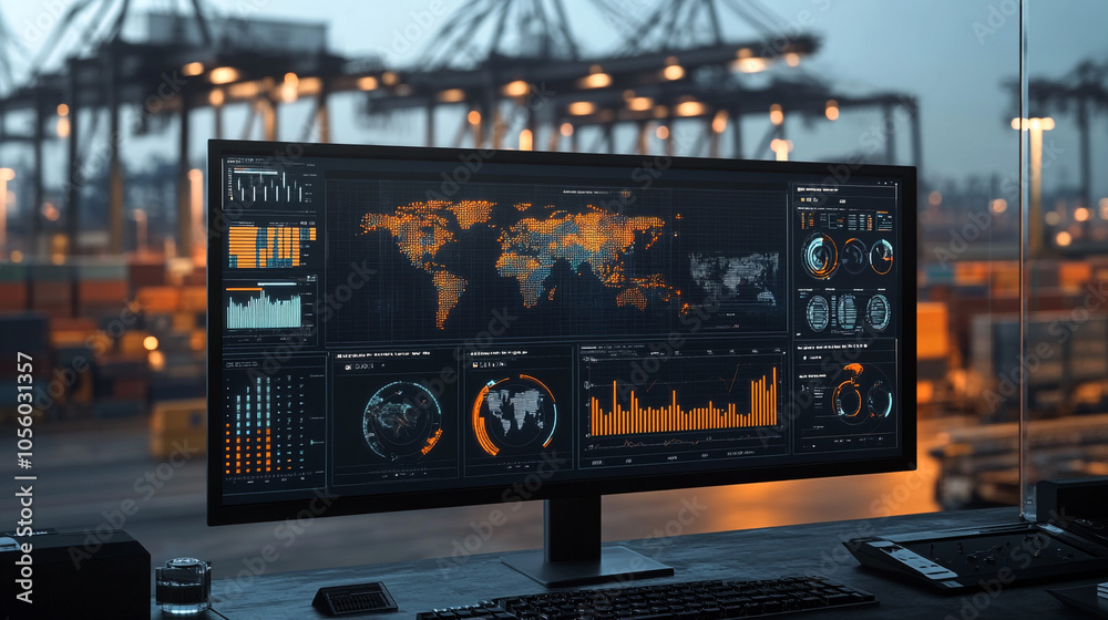 Global Logistics Data Analysis on Computer Screen with Port Background Global Logistics Data Analysis on Computer Screen with Port Background