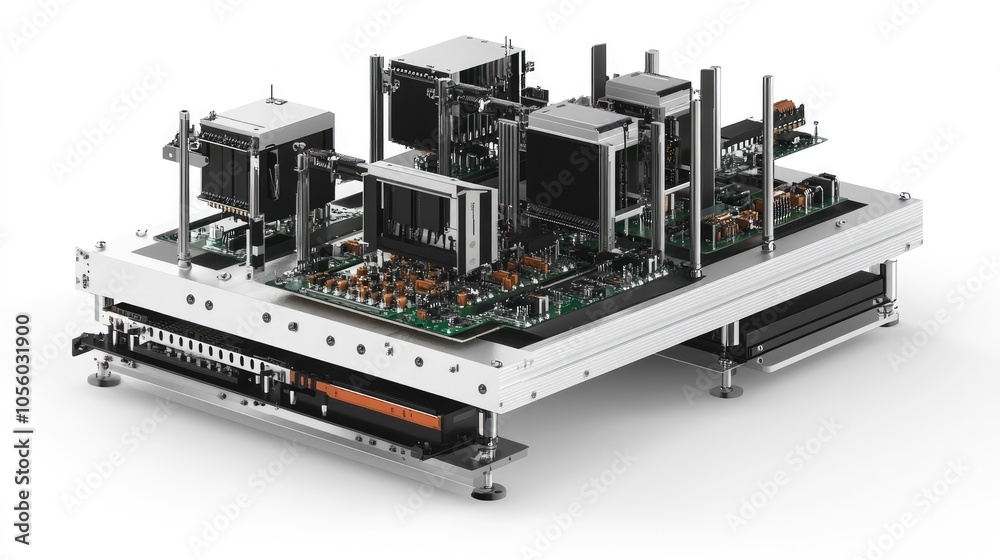 3D-rendered model of a factory machine for assembling electronics, isolated on a white background