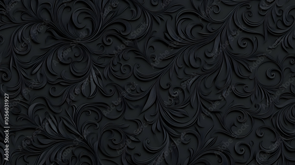 A textured black background featuring intricate, swirling floral patterns. A textured black background featuring intricate, swirling floral patterns.