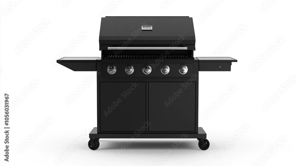 Black Gas Grill with Four Burners Side Tables and Storage Cabinet Black Gas Grill with Four Burners Side Tables and Storage Cabinet