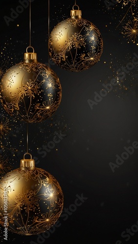 Black vertical background with gold Christmas balls and copy space. New Year, winter holidays. 